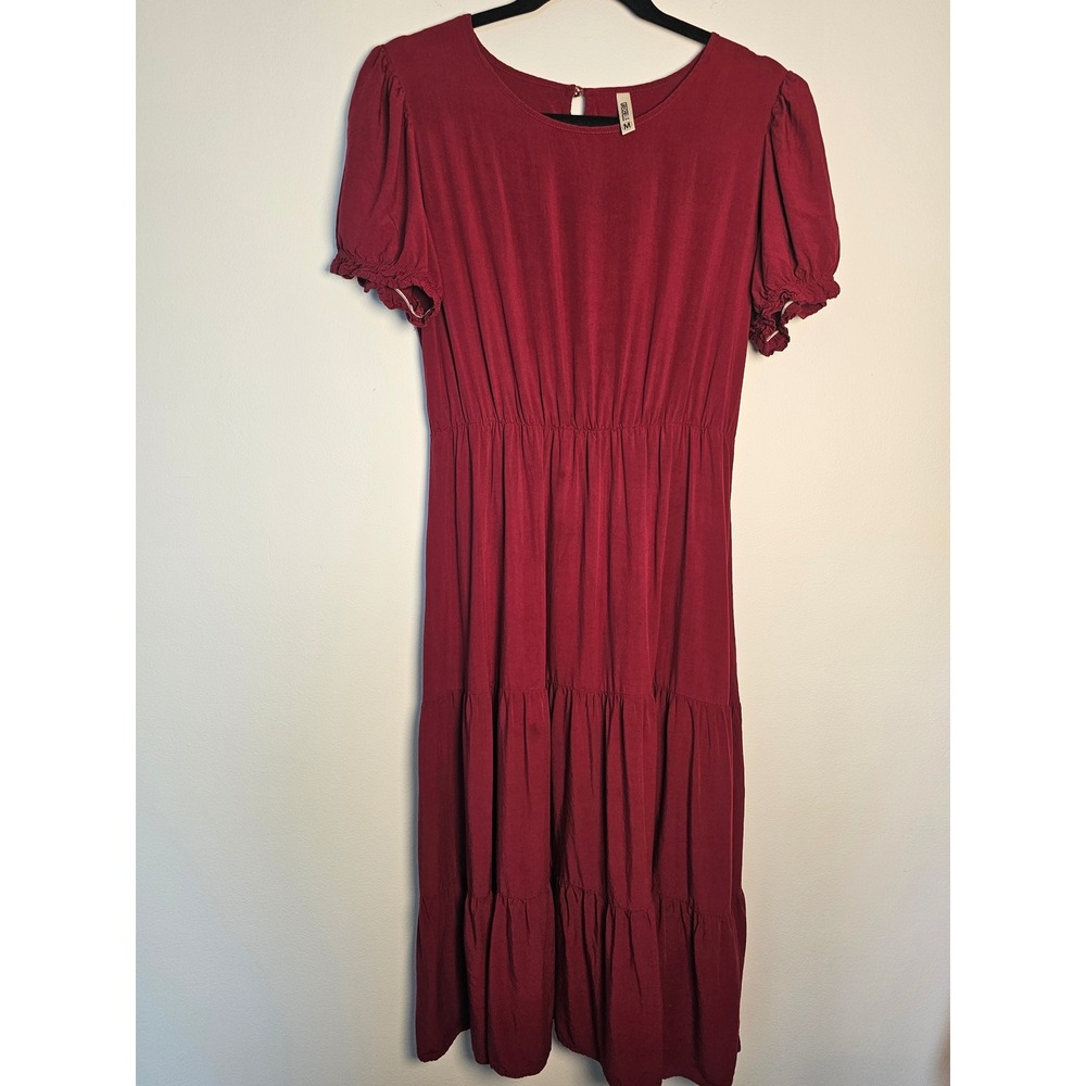 Cottagecore GRECERELLE‎ Tiered Midi Dress Womens Size M Red Puff Sleeve Ruffle
